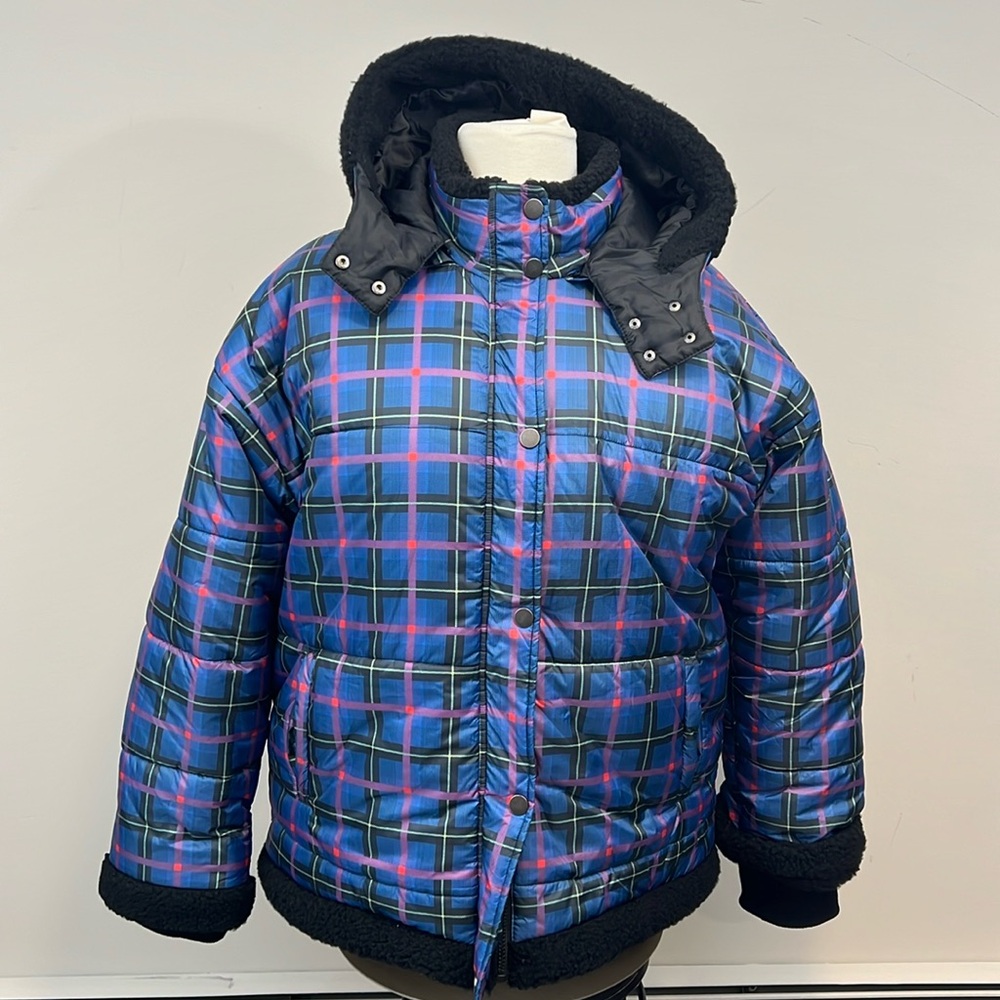 EV1 by Ellen Blue Plaid‎ Winter Puffer Removable Hood Black Fleece Trimmed XXL